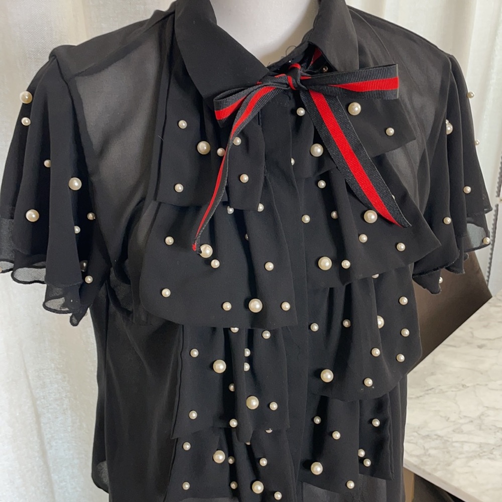 Black Blouse with pearls and bow. Something Pretty Size M